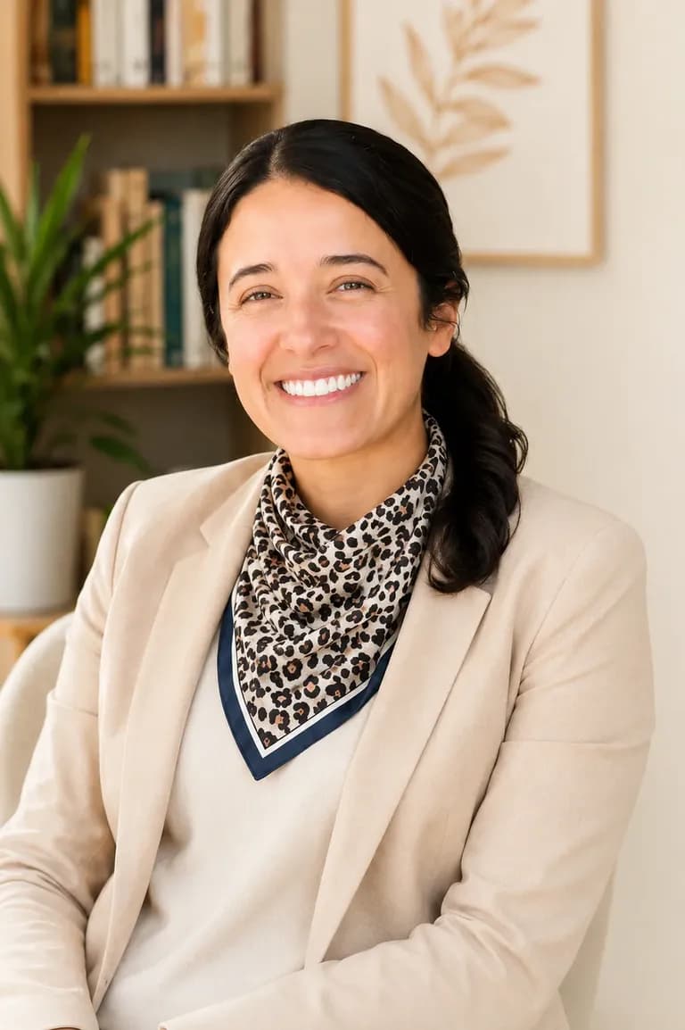 Lina Diaz, the founder of Alma Care, smiling warmly in her study